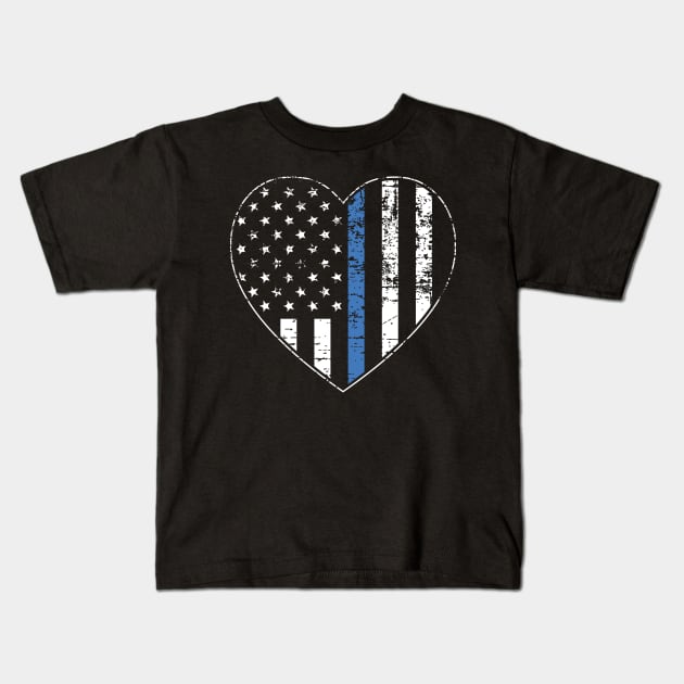 Thin Blue Line Distressed American Flag Heart Kids T-Shirt by YouthfulGeezer